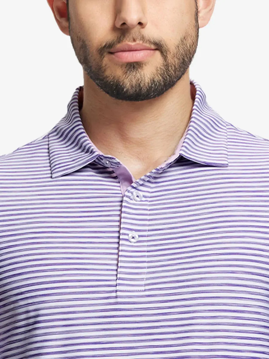 Close-up from nose to chest of PURPLE WHITE polo with expressive watercolor-inspired stripe pattern