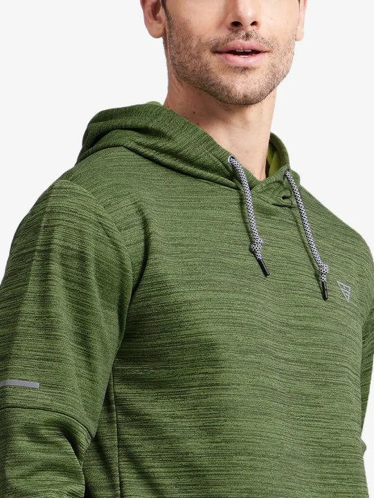 Close-up front view from nose to chest showing Soft Heather Hoodies Pullover in Lemon Green Heather