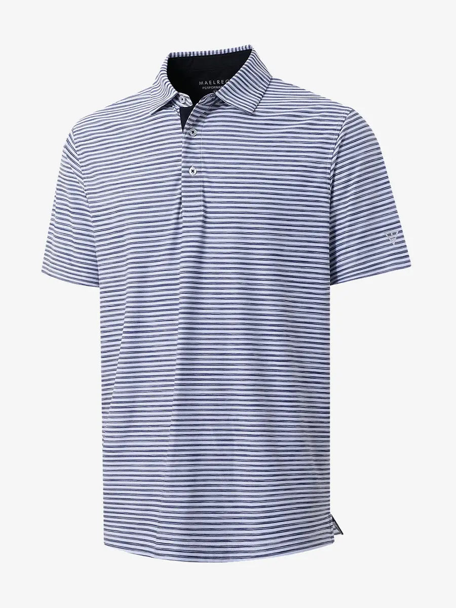 3D view showing the brushstroke stripe design of DARK BLUE WHITE polo from all angles