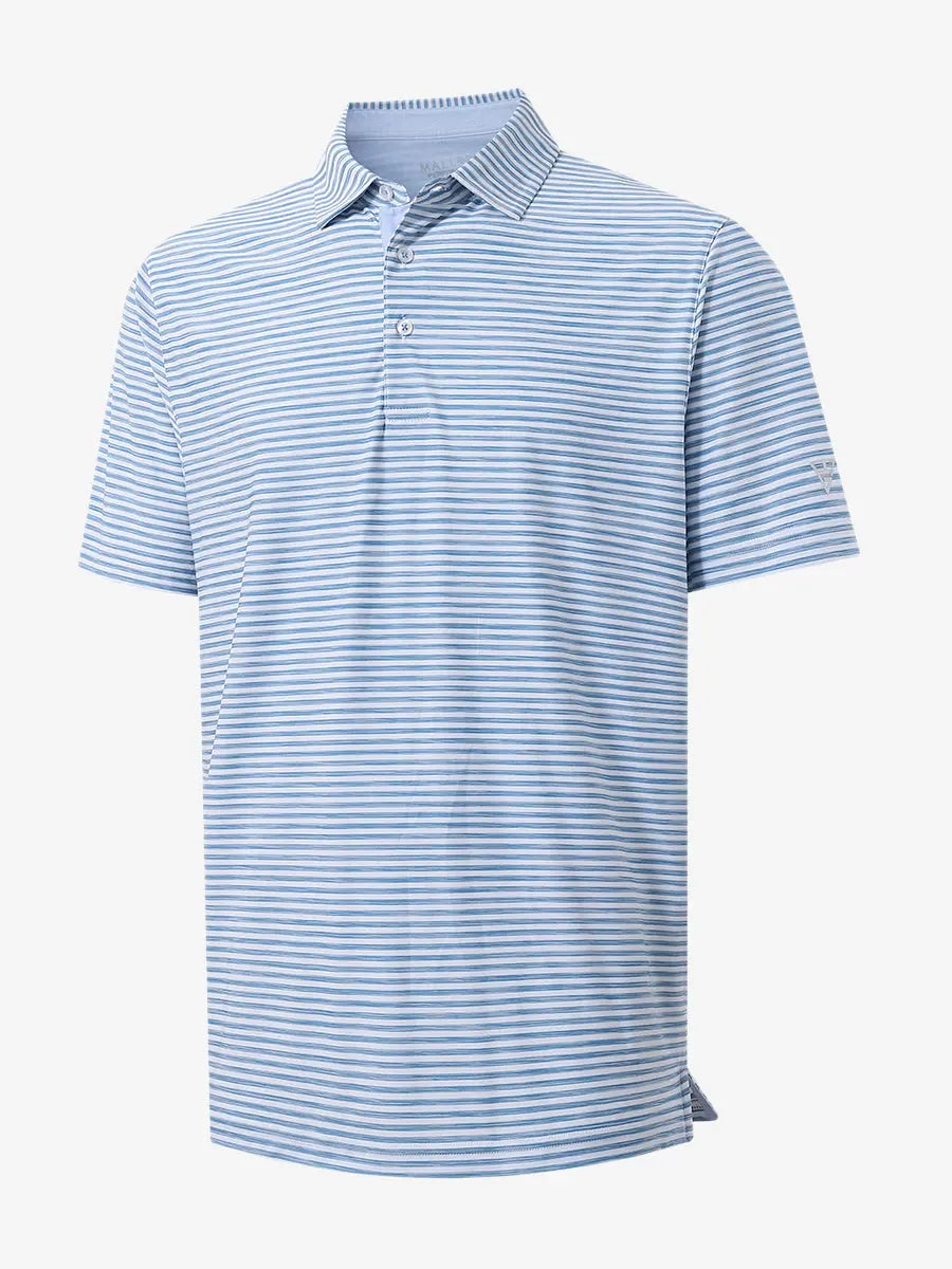 3D angle showcasing the soft blue and white blend on the SKY BLUE WHITE watercolor stripe polo