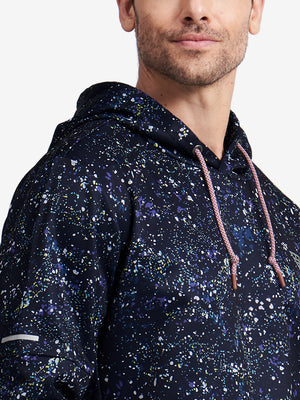 Upper front collar detail of trendy print fleece hoodies, neat stitching with splatter accent
