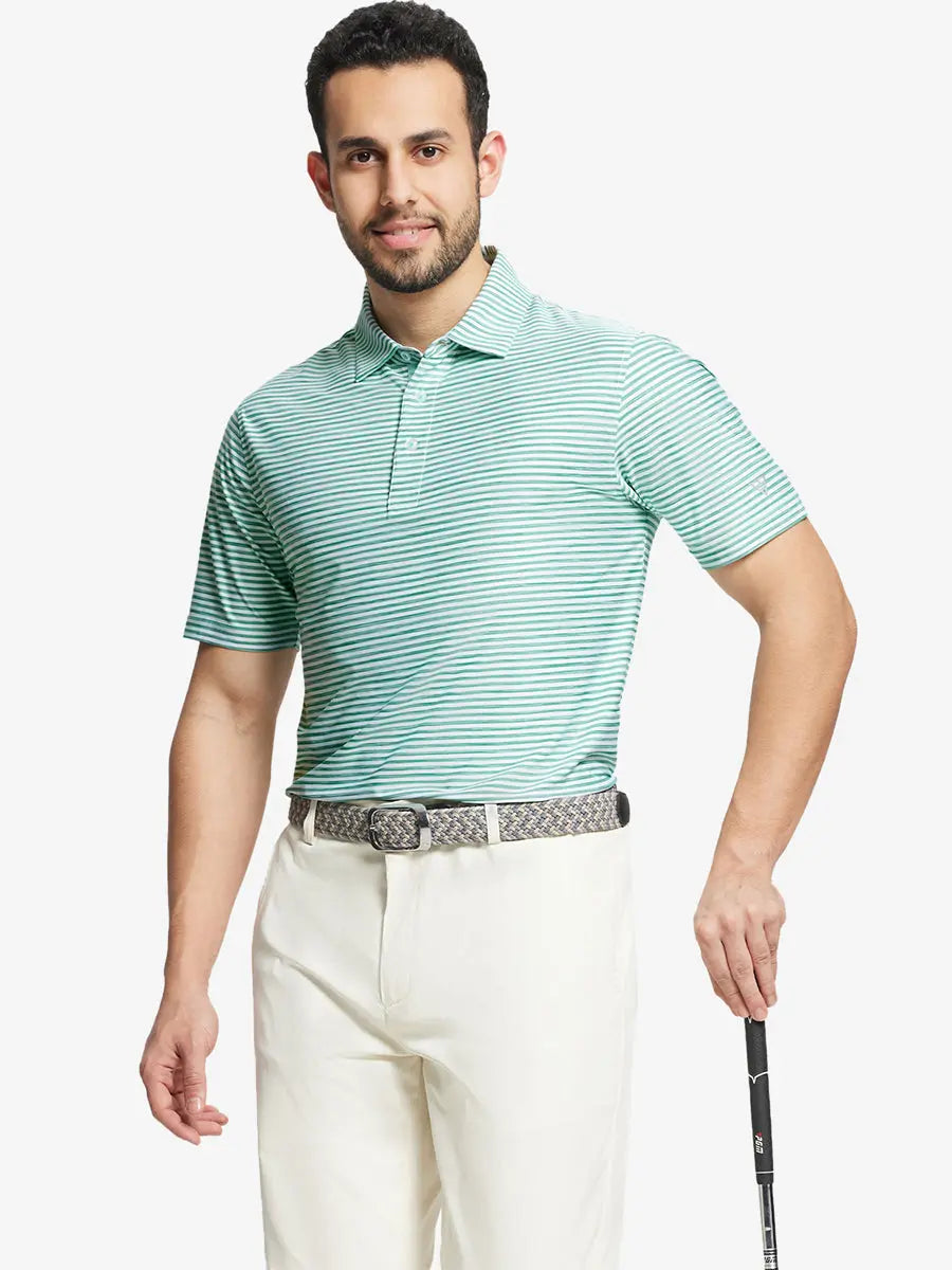 Front half-body with golf club wearing GREEN WHITE Unique Watercolour Stripe Polo