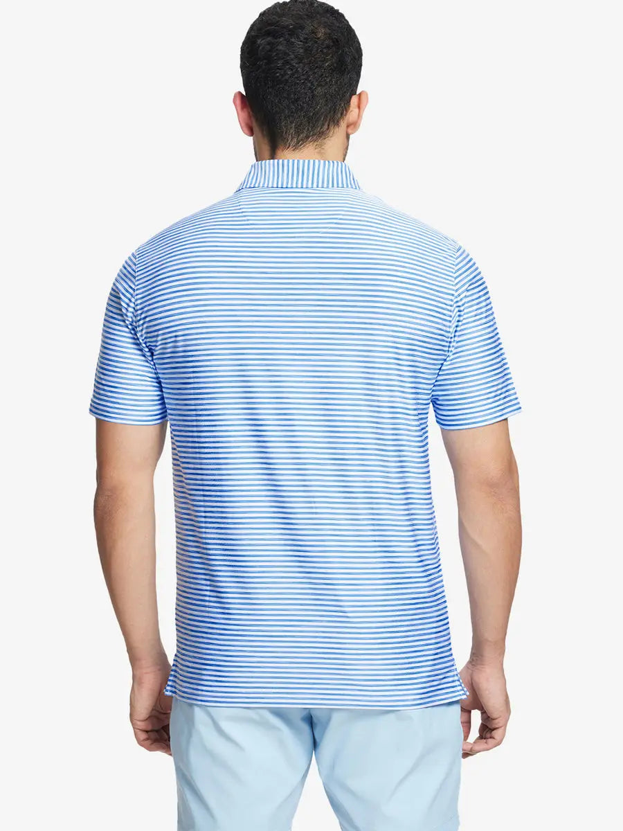 Back half-body showing soft gradient stripes of POWDER BLUE WHITE stripe polo