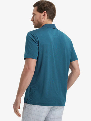 Back view from waist up showing the fit of LYONS BLUE 4 Way Stretch Jacquard Polo on model