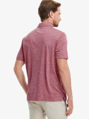 Rear half-body view of Modern Fit Melange Polo in DUSTY ROSE HEATHER, showing fit and fabric details.