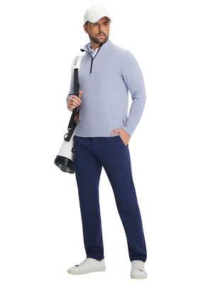 Full body shot of model in sky blue two tone pique cotton blend q-zip with tennis bag and white cap