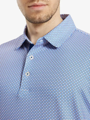 MAELREG Men's Performance Jersey Print Polo – Front chest view in White Blue Circle