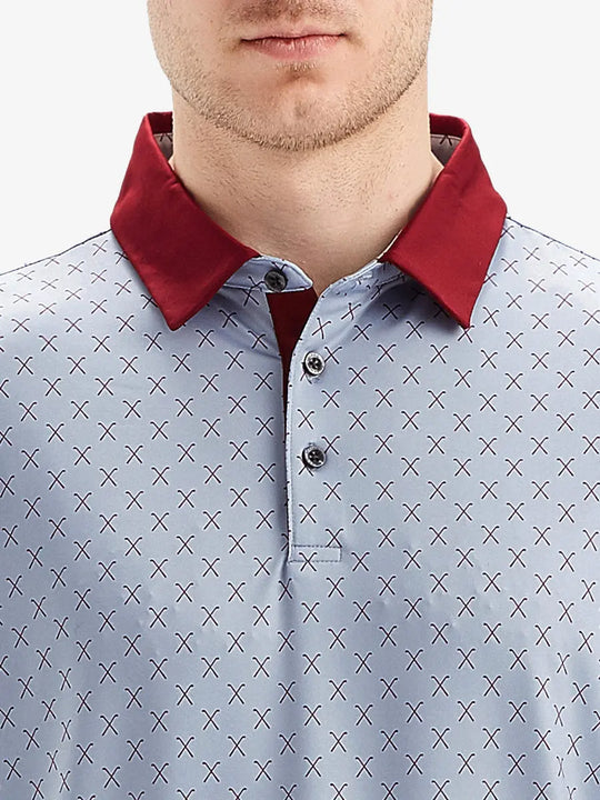 Grey and burgundy combo polo shirt, model highlights its fine tailoring and comfortable fit.
