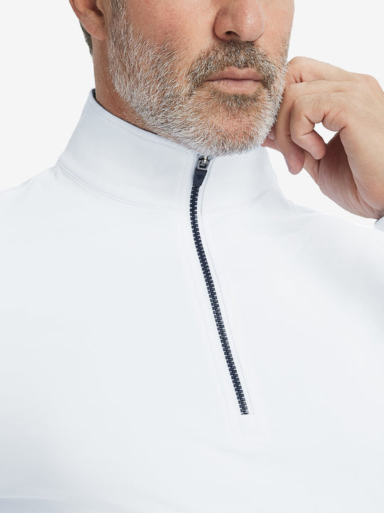 Close-up from nose to chest, showing collar and zipper detail of the white golf pullover.
