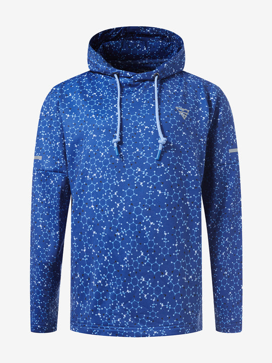 Front 3D view of youth full print hoodies pullover showing detailed fabric and fit, blue molecular structure.