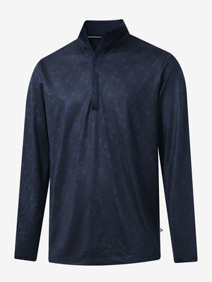 Heather Pinstripe Brushed Dry Fit Quarter Zip Pullover in navy geo, 3D front chest view with quarter zip design