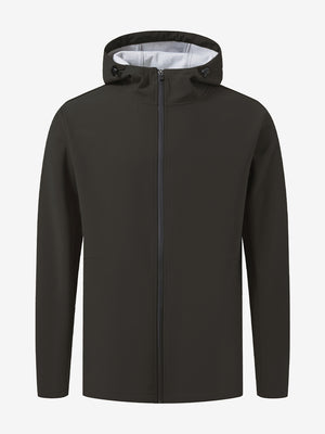 Water-resistant heat-tech softshell winter jacket with hood in coffee, clean 3D front view.