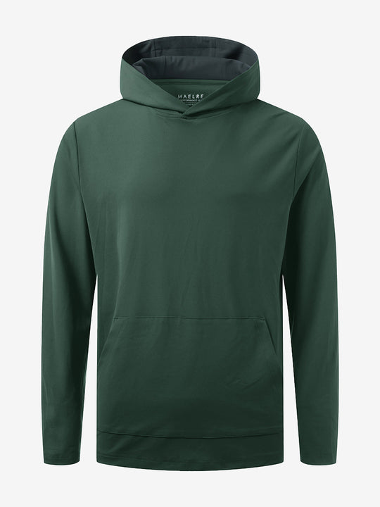 3D front view of youth long sleeve hoodied with kangaroo pocket in forest green, showing clean design.