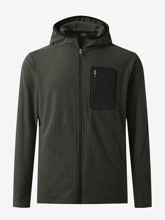 3D front view of full zip fleece hoodied jacket in forest green, showing soft texture and sleek cut.