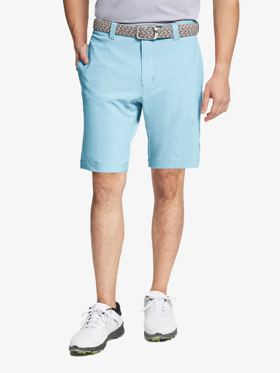 SKY BLUE 9 Inch Heather Performance Golf Shorts with front view, model's lower body and side pockets visible