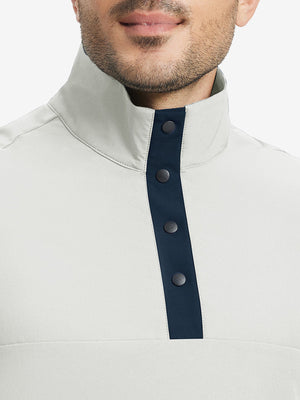 Close-up from nose to chest, highlighting buttoned collar and textured fabric of the silver gray pullover.