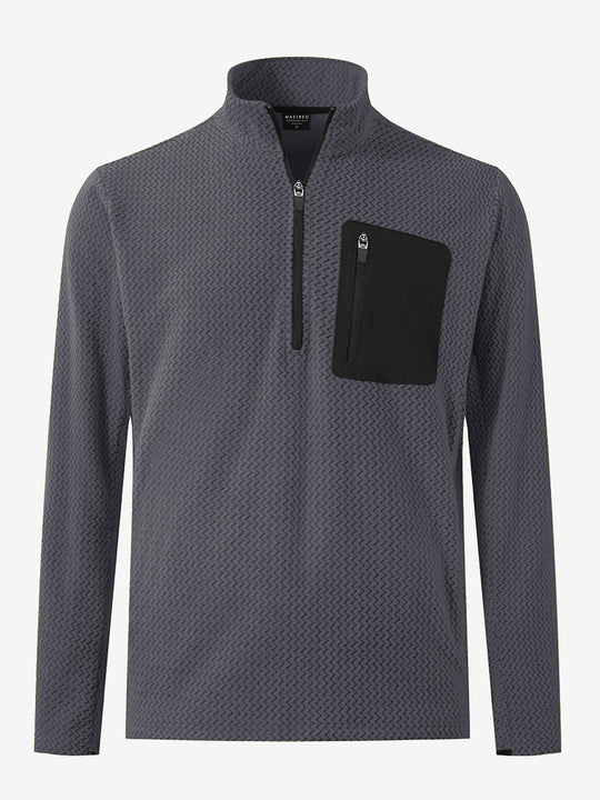 3D front view of midweight warm stretchy quarter zip pullover in grey, simple and sleek look.