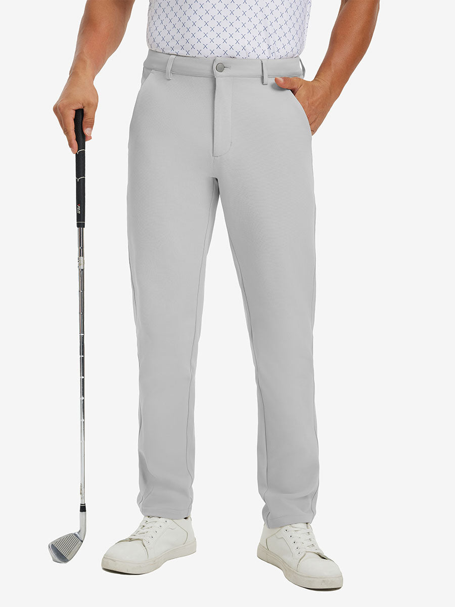 3D front view of model with golf club wearing lightweight moisture wicking dress pants in silver grey.