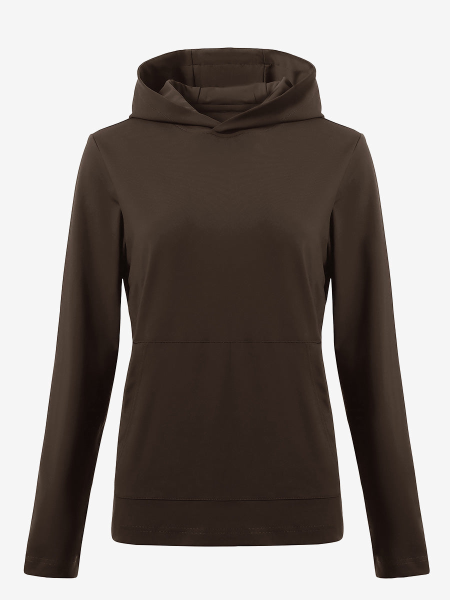 3D front view of women's lightweight hoodies pullover in coffee brown, showing clean and sporty look.