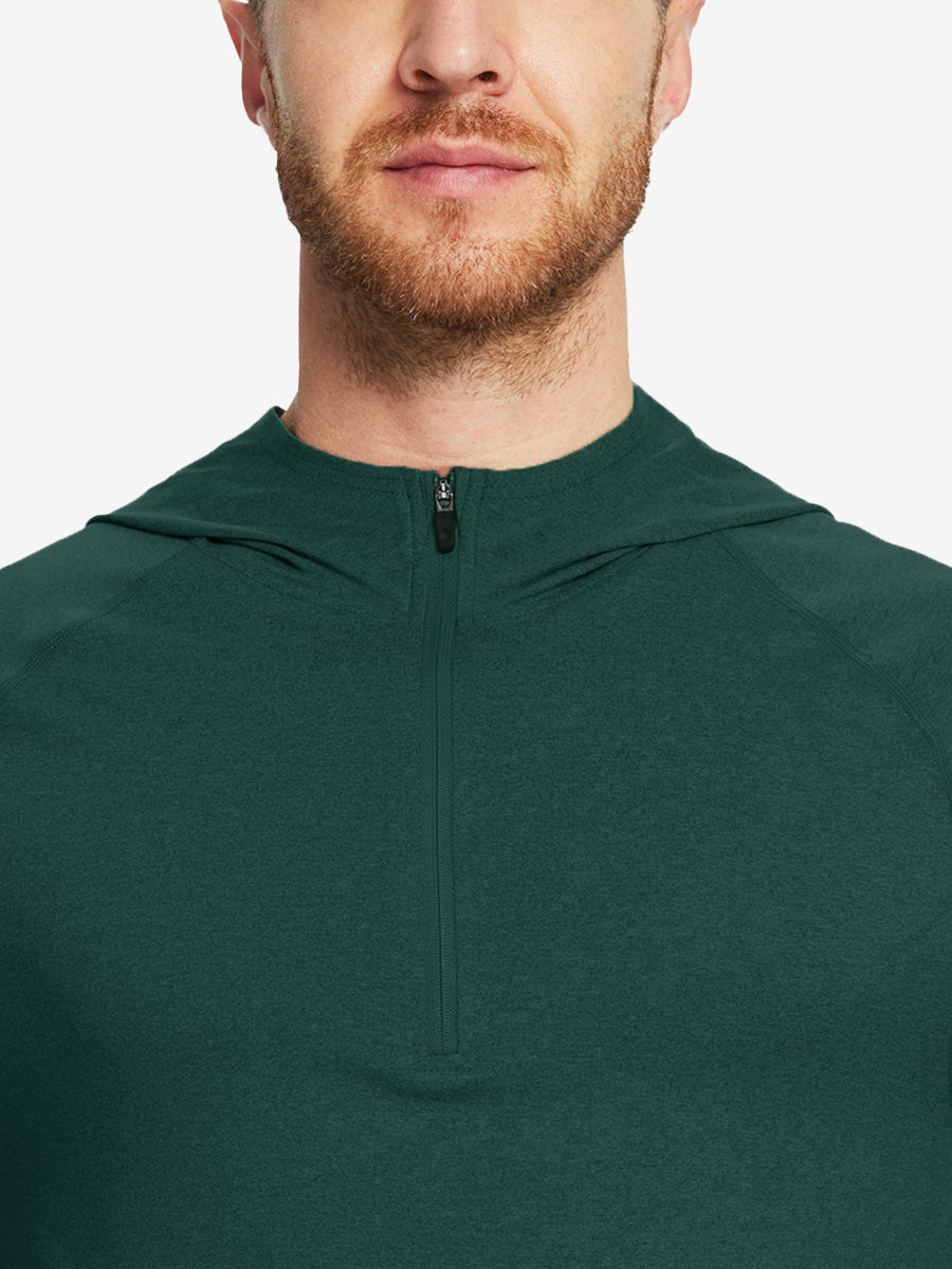 Close-up of collar detail from nose to chest, highlighting fabric and stitching of Turquoise Heather hoodie.