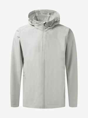 Lightweight water-repellent softshell hooded jacket in glacier grey, clean 3D front view highlighting sleek outdoor design.