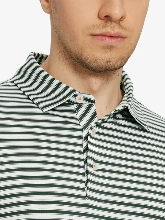 Upper chest close-up featuring the Olive Green White Yarn Dyed Stripe Polo – from nose to chest view