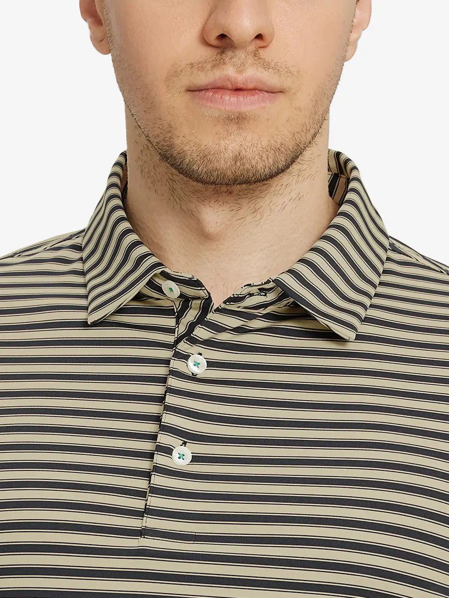 Upper chest close-up wearing Black Khaki Yarn Dyed Stripe Polo – from nose to chest