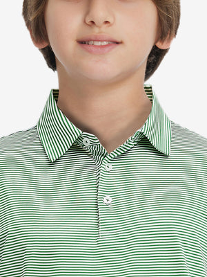 Collar close-up of Kids stripe golf polos with neat trim and emerald stripe detail