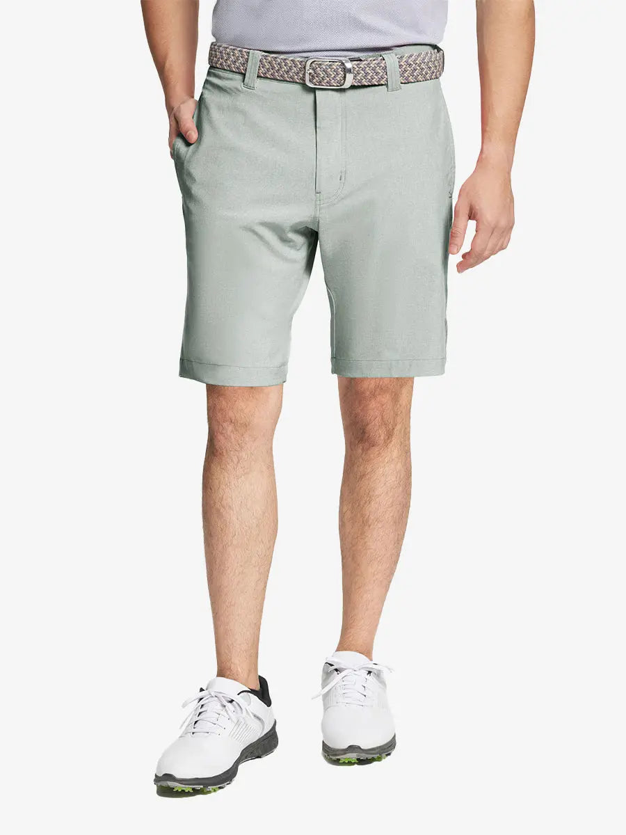 GLACIER GREY 9 Inch Heather Performance Golf Shorts with front view, model's lower body and side pockets visible
