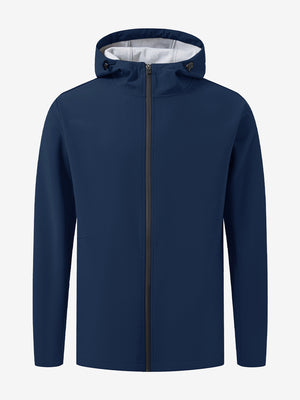 Water-resistant heat-tech softshell winter jacket with hood in navy, clean 3D front view.