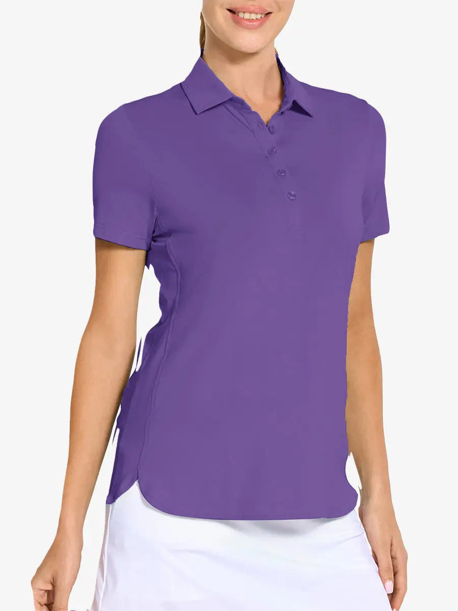 Front view from nose to hem of model wearing PURPLE Women's Performance Solid Polo with skirt