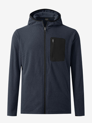 3D front view of full zip fleece hoodied jacket in navy, showing soft texture and sleek cut.