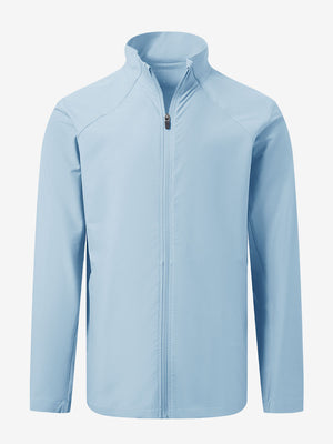 Lightweight water-resistant outerwear jacket in light blue, front 3D view with clean structure