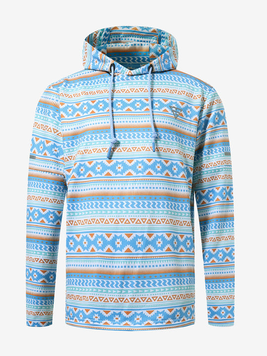 Front 3D view of youth full print hoodies pullover showing detailed fabric and fit, blue ethnic.
