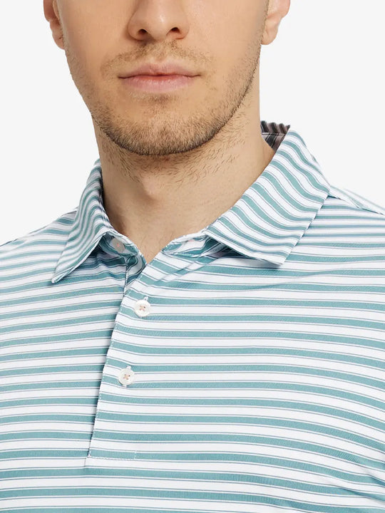 Upper chest close-up wearing Haze Blue White Yarn Dyed Stripe Polo – from nose to chest