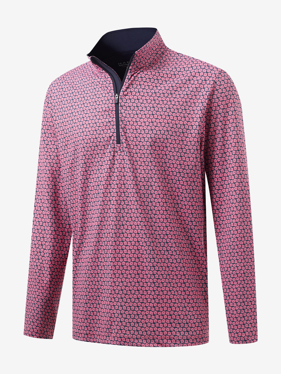 3D front view of the full print quarter zip pullover in red navy flower, showcasing bold and modern style.