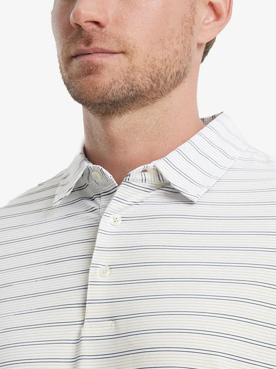Khaki Neutral Grey Stripe Performance Stripe Golf Shirt – close-up front from model’s nose to chest
