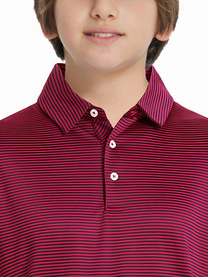 Front view of youth wearing red stripe performance cooling polo, showing collar and chest fit