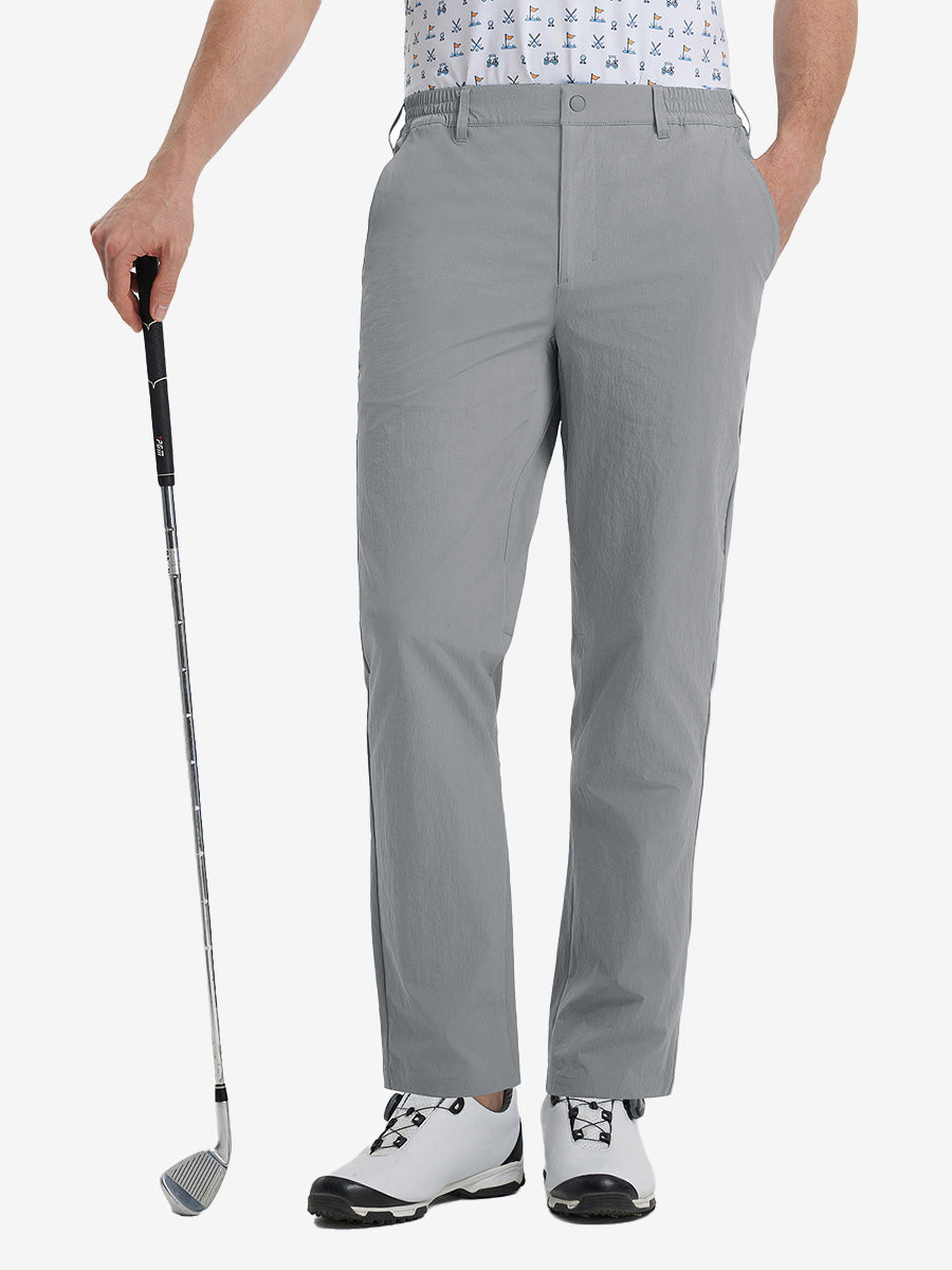 Front lower leg view of Performance Water Resistant Pants in NEUTRAL GREY，model holds golf club in right hand.