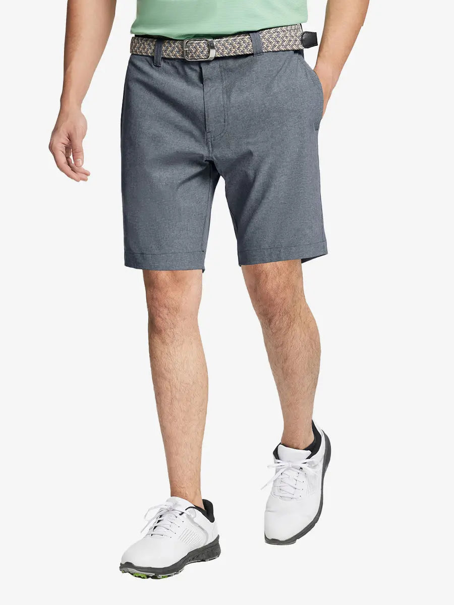 NAVY 9 Inch Heather Performance Golf Shorts with front view, model's lower body and side pockets visible