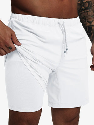 Front lower-body view from waist to knees showing stretch of WHITE 2 in 1 Running Sports Shorts with Liner