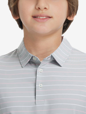 Front upper collar view of kids stylish stripe polo shirts, neat placket in light grey stripe tone