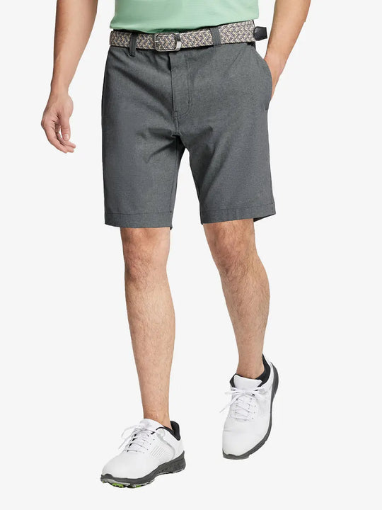 DARK GREY 9 Inch Heather Performance Golf Shorts with front view, model's lower body and side pockets visible
