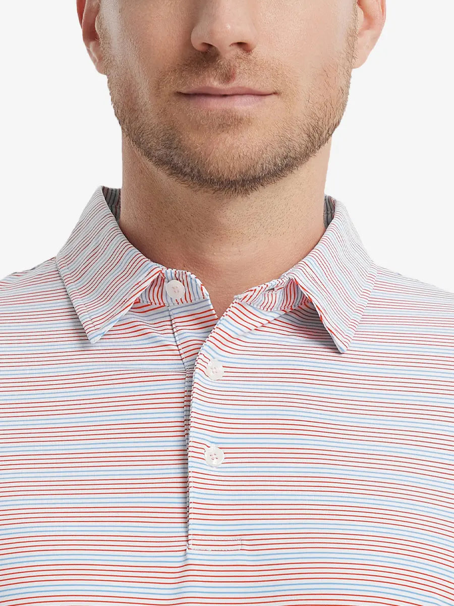 Red Blue Stripe Performance Stripe Golf Shirt – close-up front from model’s nose to chest