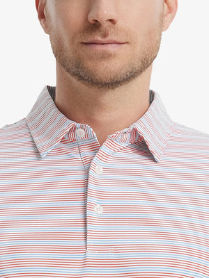 Red Blue Stripe Performance Stripe Golf Shirt – close-up front from model’s nose to chest
