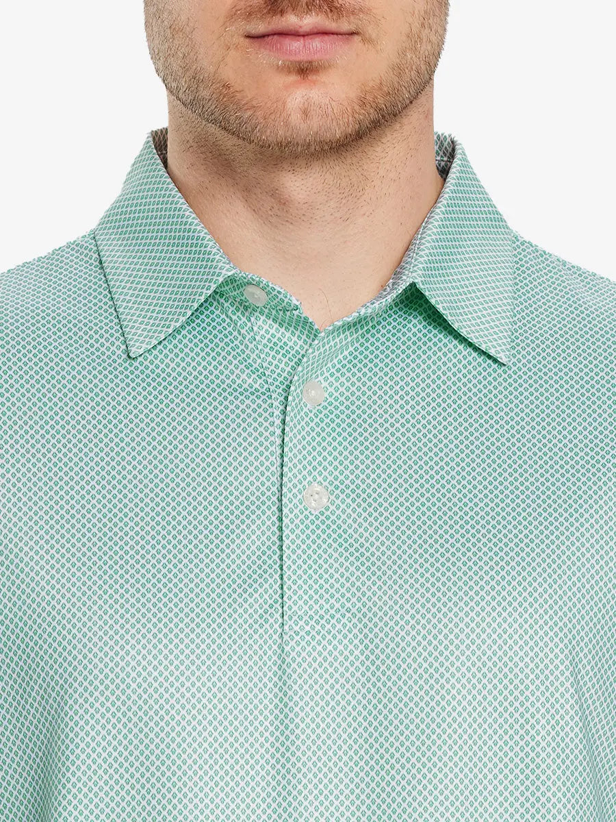 Green plant pattern polo shirt, model presents a fresh, natural design with vibrant energy.