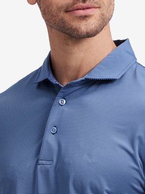 Collar detail of Long sleeve pinstripe jersey polo with clean trim in blue denim stripe