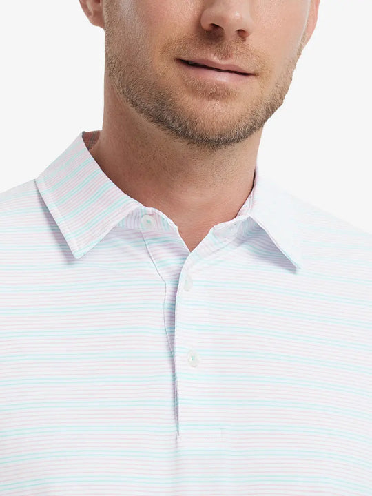 Light Pink Aqua Blue Stripe Performance Stripe Golf Shirt – close-up front from model’s nose to chest