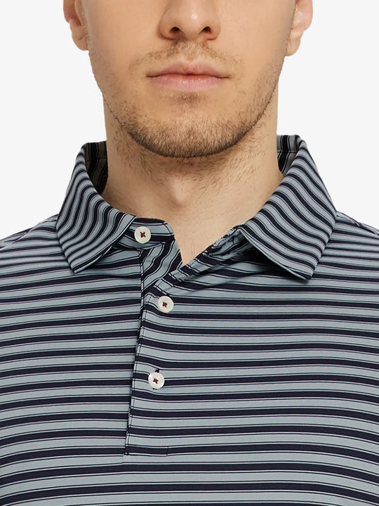 Upper chest close-up featuring the Navy Grey Yarn Dyed Stripe Polo – from nose to chest view