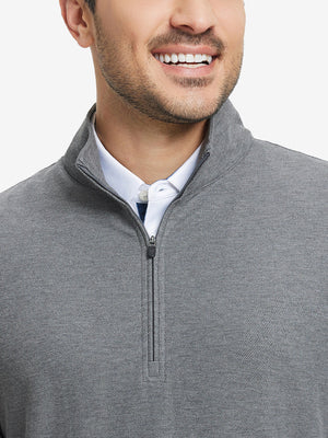 Upper section detail of Premium jacquard quarter zip pullover highlighting grey pattern